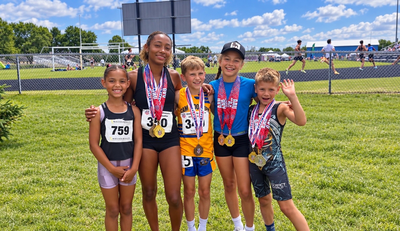 Youth track athletes together with medals after a track meet